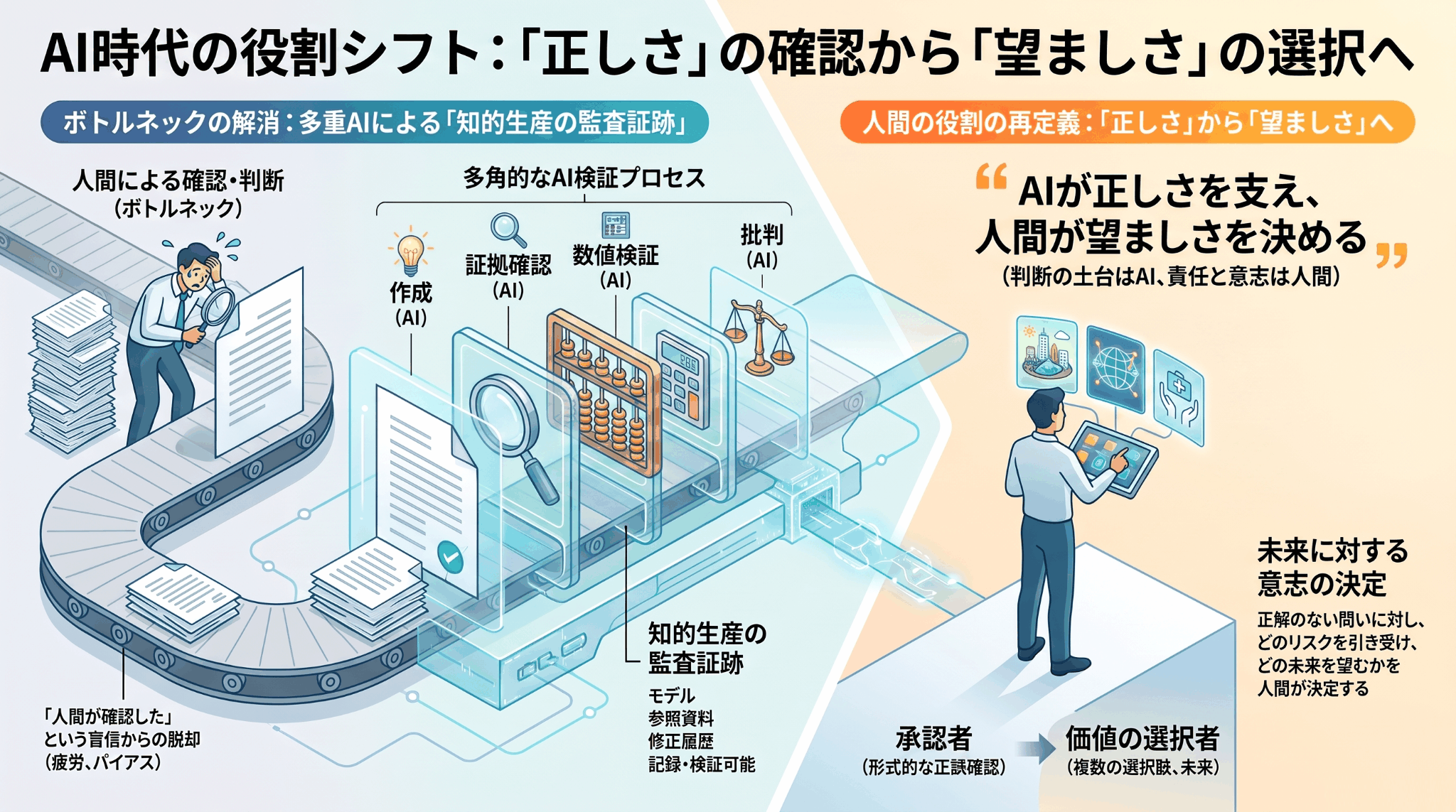 複数のAIによる検証プロセスを基盤として、人間が未来の望ましさを選択する社会の概念図